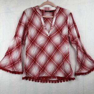 LAUREN Ralph Lauren Red Plaid Bell Sleeve Tunic Top Crochet Trim‎ Women's Medium